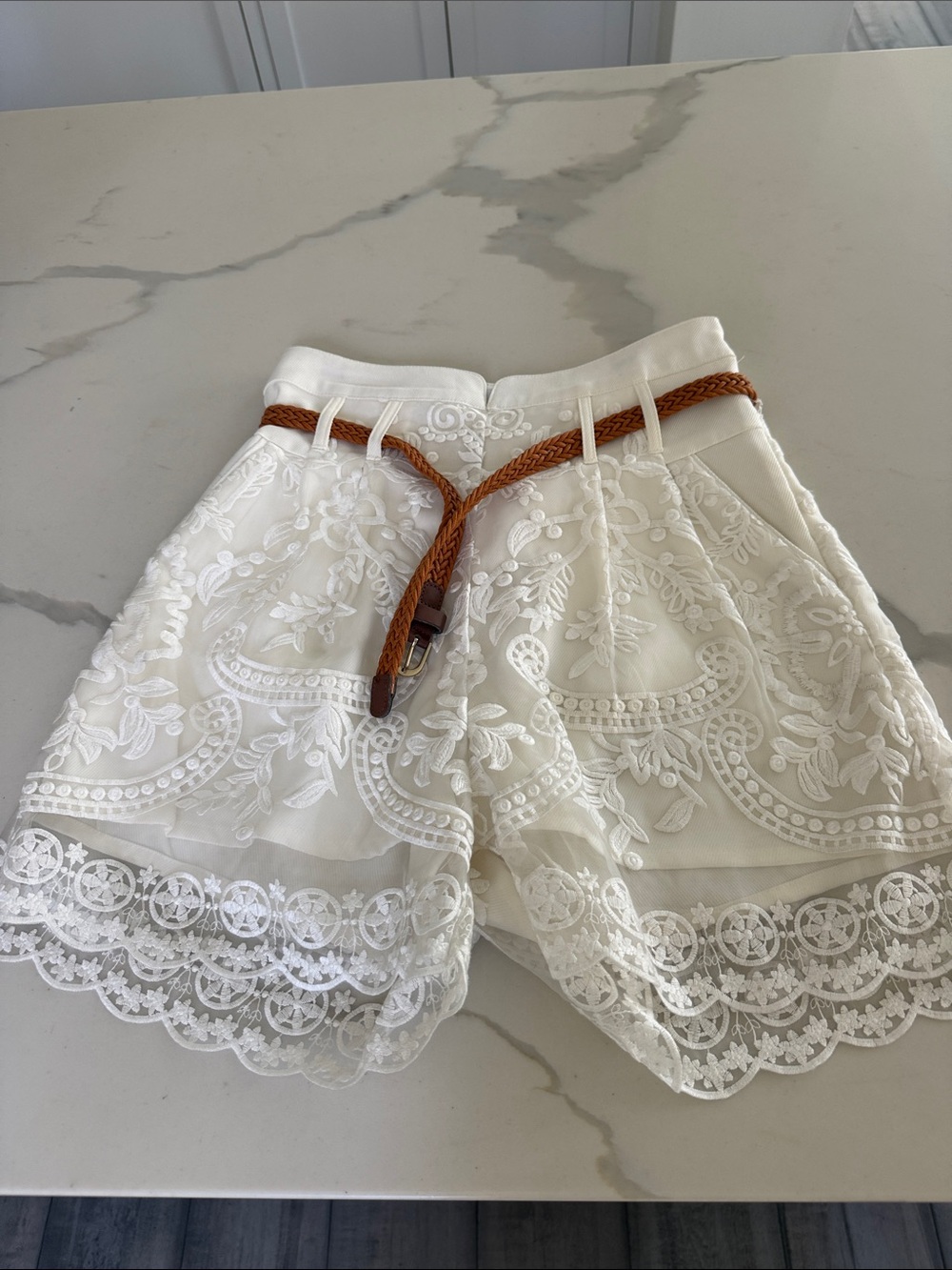 Embroidered High-Waist Lace Trim Women’s Shorts — White